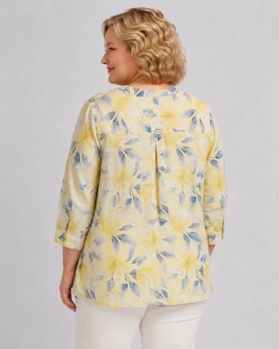 9 Impression Women's Rayon All-Over Printed Mandarin Collar Regular Fit Longline Plus Size Top | Oversized Stylish (in, Alpha, 3XL, Plus, Yellow) 2
