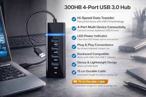 VIHOMI 4 Port USB 3.0 Hub with Hi-Speed Data Transfer, LED Indication, 15cm Cable, Backward Compatible, Multi Device Connection, Plug Play Usage, Glossy Finish and Lightweight Design 3