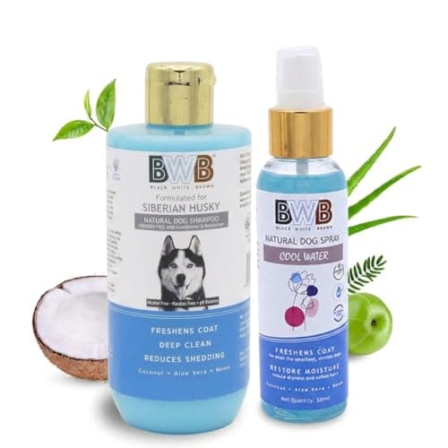 BWB Natural Dog Shampoo for Siberian Husky .PARABEN Free+Alcohol Free+pH Balance with Conditioner & Moisturiser and Added Alovera,NEEM,Coconut & Amla extracts (250ML + DEOSPRAY)