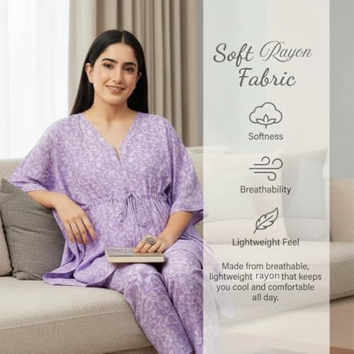 Aaheli Women’s Rayon Printed Maternity Kaftan Top & Pant Set – Soft Lavender | Comfortable Nursing Wear | V-Neck Feeding Pyjama Set for Pregnancy | Lavender, XL 3