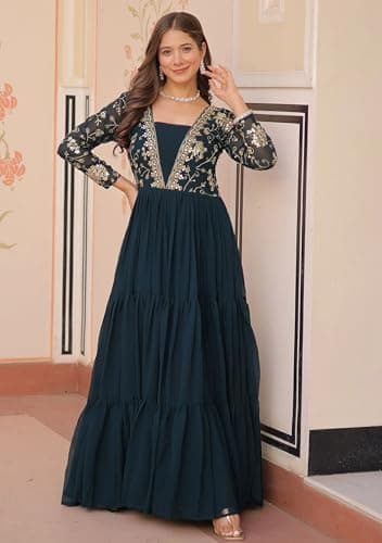 LAZZLY Women’s Elegant Anarkali Kurta | Embroidered Traditional | Ethnic Flared Dress for Casual Wear (in, Alpha, L, Regular, MC_Rama) 3