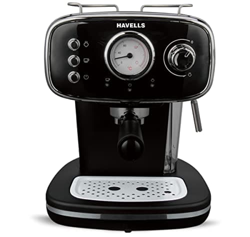 Havells Corretto Coffee Maker, Espresso/Cappuccino Machine with 15bar Pressure Pump | Thermometer Display | Frothing Function | Detachable Drip Trip | Filter Holder | Twin Brewing