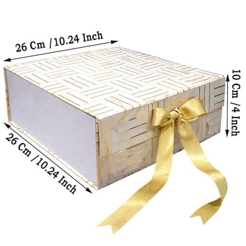 Aakriti Marble Gold Foil Gift Box Medium | 26 x 26 x 10 cm Hamper Box for Gifts, Chocolates & Jewellery Empty Gift Box with Satin Ribbon | Holds Up to 8 kg | Floral White Gold (1 Pack) (1 Pack) 2