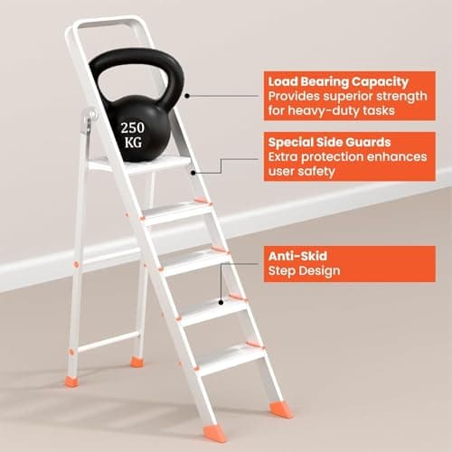 LALCO 5 Step Foldable Aluminum Step Ladder with Anti-Slip Steps & Rubber Feet | Heavy-Duty Portable Ladder for Home, Kitchen, Office & Indoor Use (5 Steps) 2