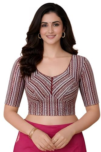 Amazon Brand - Anarva Women's Premium Cotton Tribal Print Strechable Readymade Saree Blouse | U-Neck Ethnic Wear for Festive and Party Look | Katori Cut (Cup-Blouse-Tribal-Maroon-m)