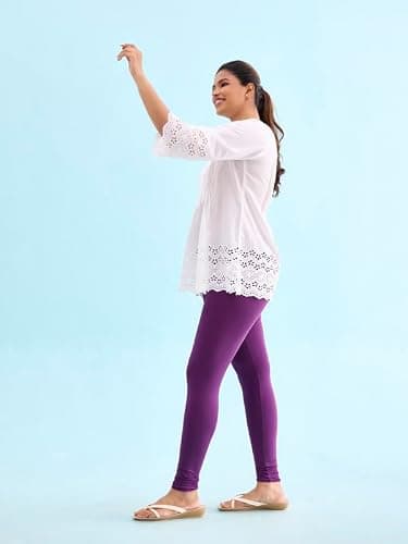 GO COLORS Soft Cotton Stretch Ankle Length Leggings for Women | Breathable, Mid Rise, Medium Purple 2