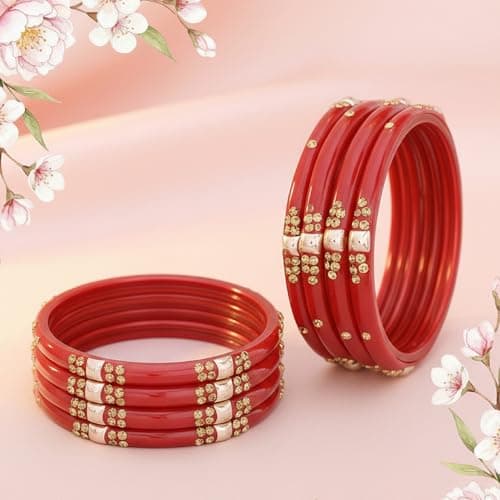 NMII Glass with Zircon Gemstone Or Beads Studded worked Glossy Finished Kada Set For Women and Girls, (Red_2.6 Inches), Pack Of 8 Kada Set 4