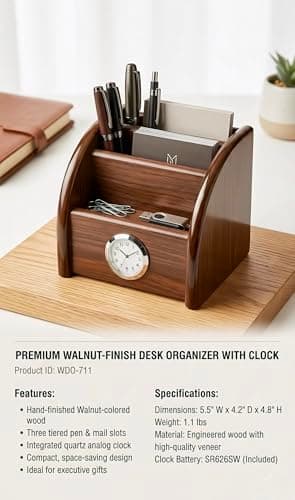 PUSHCREST Wooden Desktop Organizer with Clock, Dark Brown 3-Tier Letter Holder, Mail Sorter for Office Documents, Built-in Analogue Clock, Desktop Mounting 2
