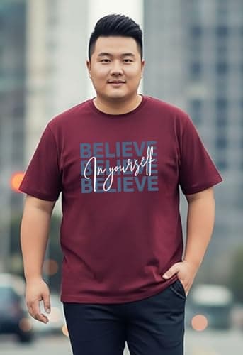 Khakey Men's Maroon Round Neck Half Sleeve Printed Cotton Plus Size T-Shirt | Tshirt for Men 3XL | Believe 2