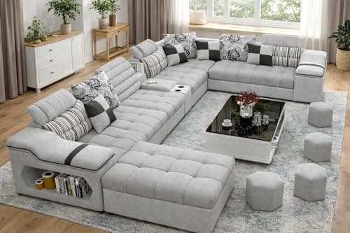 Avion COMFORA U Shape 12 Seater Sofa Set for Living Room (Grey) | Interchangeable U-Shaped Sectional Sofa Set with Cup Holder with 4 Puffy for Living Room & Office