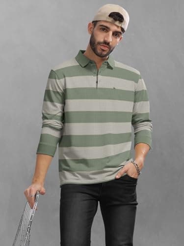 BULLMER Striped Textured Printed Polo Neck Fullsleeve T-Shirt with Rib for Men_Sea Green_Medium 5