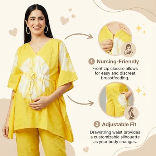 Aaheli Women’s Yellow Tie-Dye Maternity Kaftan Feeding Night Suit Set | 100% Cotton | V-Neck Top with Front Zip for Nursing | Adjustable Waist | Soft & Breathable Loungewear Set with Pant | Yellow 5