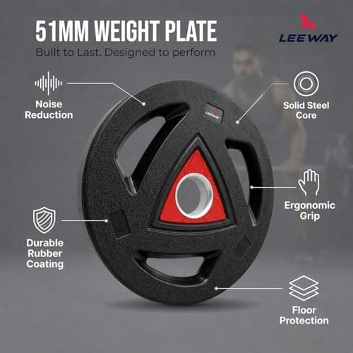 LEEWAY Rubber Coated Olympic Plates (5kg x 2) | 50mm Standard Hole Size | Tri-Grip Handle Design | Anti-Slip Floor Protection | Olympic Barbell & Dumbbell Compatible | Strength Training (5kg Pair) 2