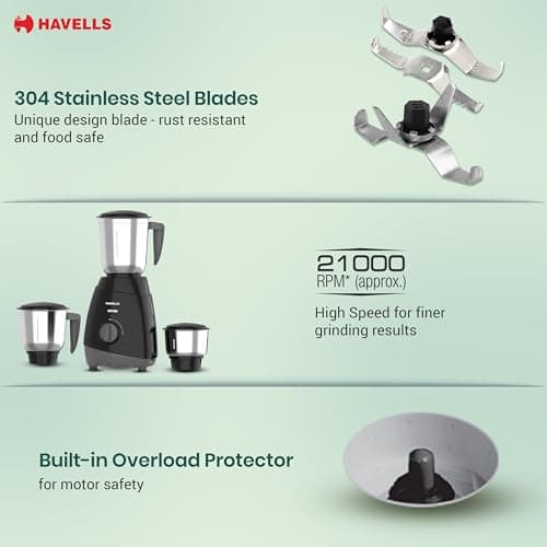 Havells Capture 500W Mixer Grinder 3 Stainless Steel Jars | 21000 RPM High-Speed Motor | Rust-Resistant 304 SS Blades | 1.5L Large Blending Jar | Overheat Protection | 1-Year Warranty (Black) 5