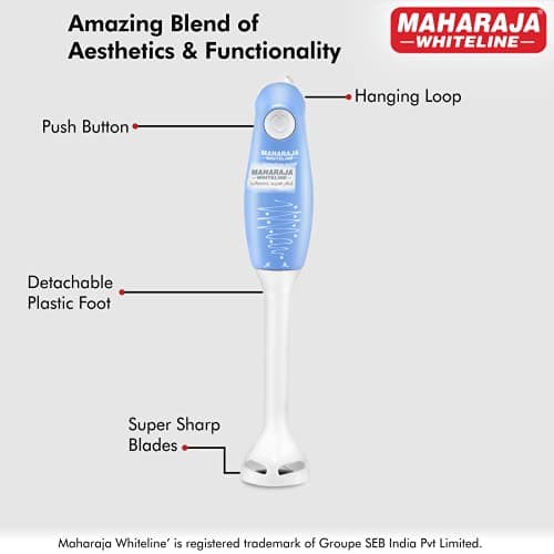 Maharaja Whiteline Hb-129 175 Watt Hand Blender, Stainless Steel Blades, Long Lasting Performance With 175W Motor, Detachable Anti Splash Plastic Foot (Blue And White, 175 Watt) 5