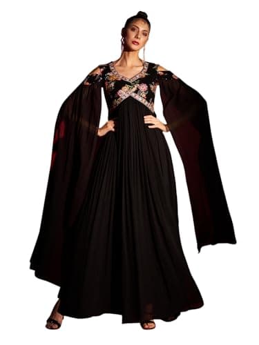 madhuram textiles Women's Georgette Traditional Ethnic With Sequance Embroidery Work Long Maxi Gown(M-2443 Black_X-Large)