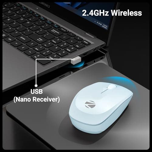 Zebronics Wireless Mouse, 2.4GHz, 3200 DPI, 3 Buttons, Comfortable & Ergonomic, USB Nano Receiver, On/Off Switch, Power-Saving Mode, Works on Most Surfaces, for Mac | Laptop | Computer (Freego, Blue) 2