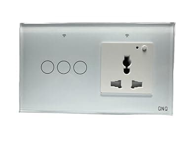 QNQ SMART WiFi TOUCH SWITCH 3 SWITCHES + 1 UNIVERSAL SOCKET (10 amps each) 800 WATT/SWITCH GLASS : Elevate Your Home with Effortless Control Home Automation. fits in 4 module concealed board (WHITE)