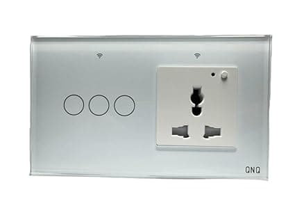 QNQ SMART WiFi TOUCH SWITCH 3 SWITCHES + 1 UNIVERSAL SOCKET (10 amps each) 800 WATT/SWITCH GLASS : Elevate Your Home with Effortless Control Home Automation. fits in 4 module concealed board (WHITE)
