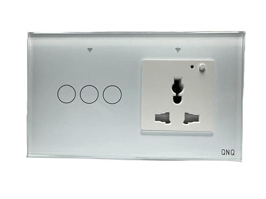 QNQ SMART WiFi TOUCH SWITCH 3 SWITCHES + 1 UNIVERSAL SOCKET (10 amps each) 800 WATT/SWITCH GLASS : Elevate Your Home with Effortless Control Home Automation. fits in 4 module concealed board (WHITE)