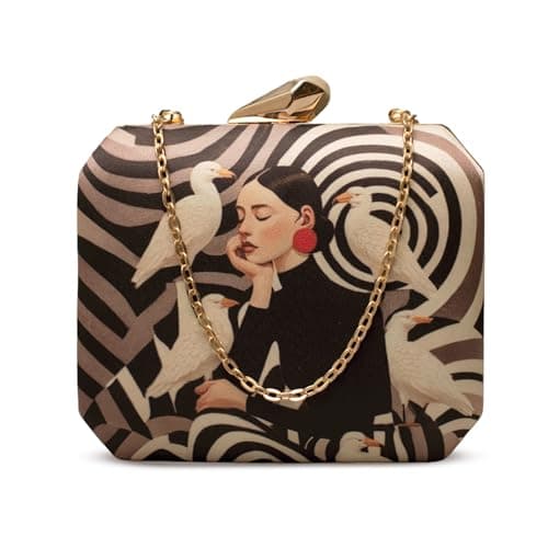 Artklim Swirl Art Printed Clutch Bag for Women – Designer Statement Handbag with Detachable Chain for Party, Wedding & Evening