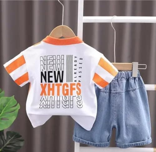 Stylish Cotton Kids Clothes for Boys Set with Printed T-Shirt and Shorts | Comfortable Baby Boy Dress | Soft Kids Dress Boy Outfit for Playtime, Outings & Summer Comfort (Orange, 5-6 year) 2