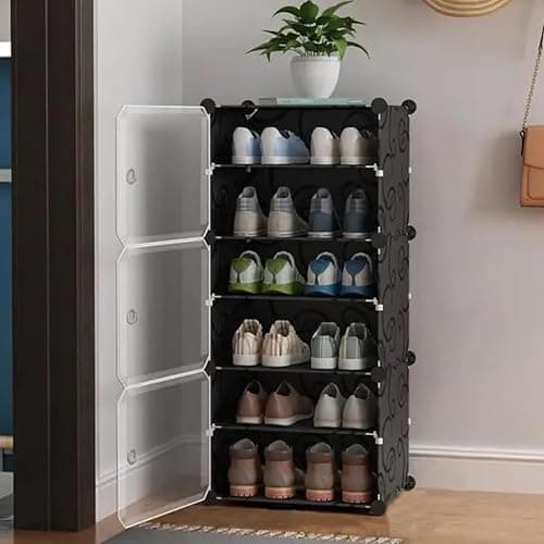 AYSIS 𝟔 𝐓𝐢𝐞𝐫 Shoe Rack for Home with Transparent Doors, Modular Dustproof Shoe Storage Cabinet, Foldable Plastic Space Saving Shoe Stand Organizer for Entryway, Bedroom & Living Room - Black