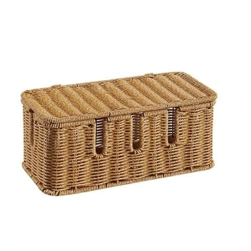 SNAPPSY Lidded Cable Management Box Natural Tan Rattan Cable Box Concealed Cords Woven Cord Organizer Ventilated, Five Openings