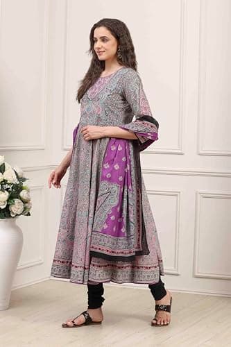 Biba Women Purple Cotton Printed Anarkali Suit Set_38 3