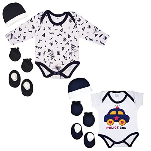 BUTUNU Newborn Girls Boys Cotton Romper Infant Bodysuit Cap Mittens Booties Combo Set Pack of 2