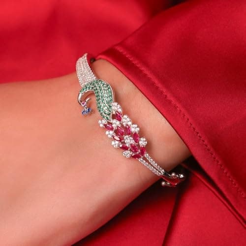 ZAVYA 925 Sterling Silver CZ Peacock Rhodium Plating Cuff Bracelet | Gift for Women and Girls | 1 Year Plating Warranty 3