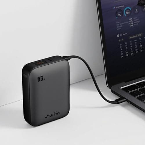URBN 20000mAh 65W Smallest Rapid Charging Nano Power Bank with Inbuilt USB-C Cable PD, QC & PPS Compatible Dual Output Compact Power Bank for Laptop, Smartphone & Tablet, Grey