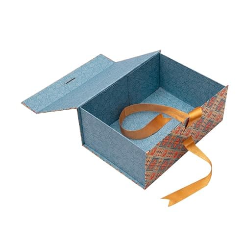 Boxotica Blue Patterned Small Gift Box – Foldable Rigid Hamper with Ribbon & Greeting Card, Reusable Keepsake Box for Dry Fruits, Weddings, Birthdays, Housewarming Return Gifts, Thambulam & Vratham Ki 4
