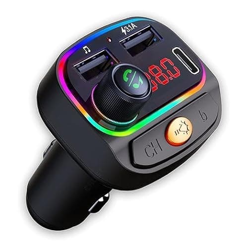 WeFly Car Bluetooth Device [Upgraded BT v5.3] with Call Receiver, FM Transmitter for Music System & Dual USB + Type C Charger; 7 Colour LED Lights; 6 EQ Presets; USB MP3 Support; Voice Assistant