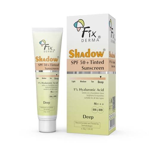 Fixderma Shadow Tinted Sunscreen Deep SPF 50 PA+++ | 1% Hyaluronic Acid & Vitamin E | Brightens & Nourishes the Skin | UVA & UVB Protection | Lightweight | No White Cast | For All Skin Types - 30gm