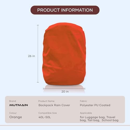 MUTMAIN Bag Cover Waterproof 40L to 50L PU Coated Rain Cover for Backpack Bags, Suitable Bags for Laptop, School, Tail, Trekking, Travel Bag with Adjustable Buckle (Orange) 3