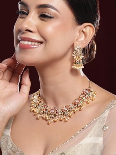 Rubans Womens 22K Gold-Plated Ruby Pink, Emerald Green & White Kundan Studded Pearl Beaded Necklace Set 2