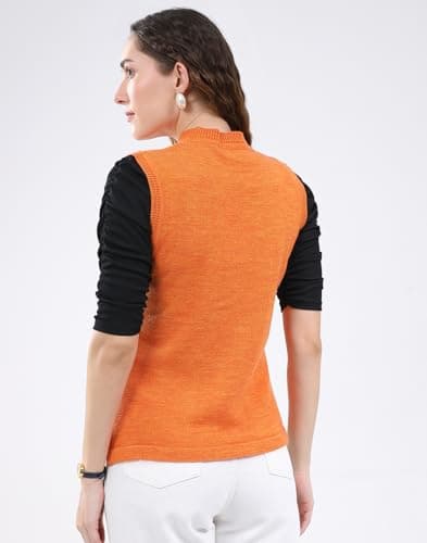 Monte Carlo Women's Regular Fit Cardigan | Solid Pattern | Button Closure with Sleeveless V Neck | Light & Layered Style Cardigan for Women Orange L (Pack of 1) 4