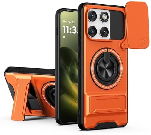 AeoFit Back Cover for Motorola Moto Edge 70 5G | Armor Camera Slider 360 Degree Rotating Finger Ring Holder Case with Bracket Stand & Camera Protection Back Case Cover for Moto Edge 70 (Orange)