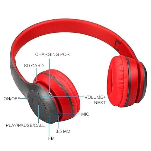 icall Over The Head Wireless Bluetooth Headphone with Soft Ear Cousions for Gaming with AUX & MP3 Support for Gaming & Music for All Compatible Device (Red) 3