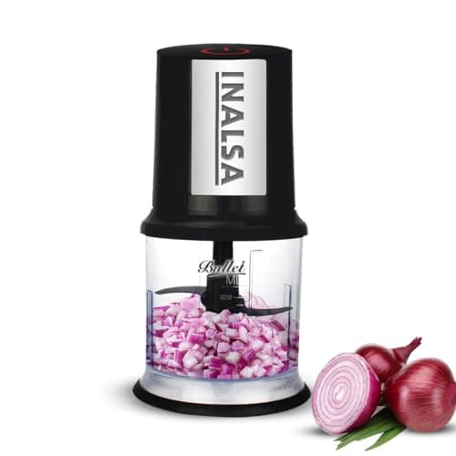 INALSA Electric Chopper Bullet-400 Watts with 100% Pure Copper Motor|Fast Chopping| Twin Blade Technology|0.5 l Capacity| One Touch Operation, 1.30mtr Long Power Cord,Black/Silver (Bullet)
