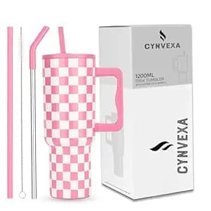 Tumbler with lid and Straw 1200ML Cup Stainless Steel Vacuum Insulated Tumbler for Water, Iced Tea or Coffee 1.2L Office Gym Travelling (40-Oz-Pink Checks)
