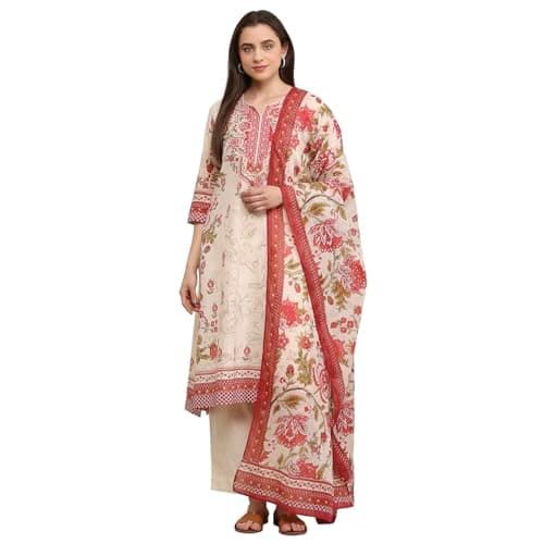 Biba Women Off-White Cotton Floral Printed Straight Suit Set_36