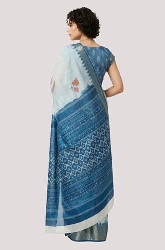 Janasya Women's Blue Silk Blend Ready To Wear Floral Printed Saree With Unstitched Blouse 4