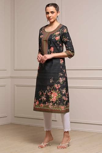 Biba Women Black Cotton Printed Straight Kurta_46 4