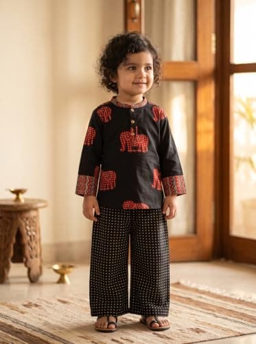 Koshberry Girls Black Elephant Print Co-Ord Set Kurta & Pants - 2-3 Years 5