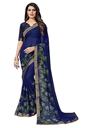 RAJESHWAR FASHION WITH RF Women's Floral Printed Georgette Sarees For Women Jacquard Border & (Mehindi Blue)