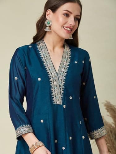 Women’s Silk Embroidered Kurta Pant Dupatta Set | Premium Designer Ethnic Wear for Festivals, Parties & Weddings | Traditional Ladies Kurti with Matching Pants and Dupatta (IN, Alpha, 3XL, rama) 3