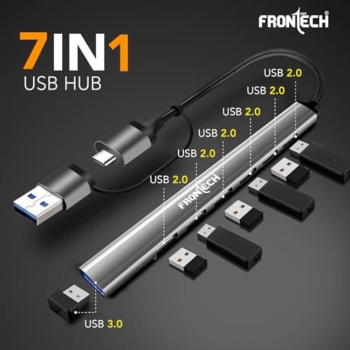 Frontech 7-in-1 Slim USB Hub Dock, 1×USB 3.0 High-Speed 5Gbps + 6× USB 2.0 Ports, Dual Input (USB + Type-C), Metal Matte Finish, Wide Compatibility for Laptop, PC, Mac, Android, Tablet, Camera etc 2