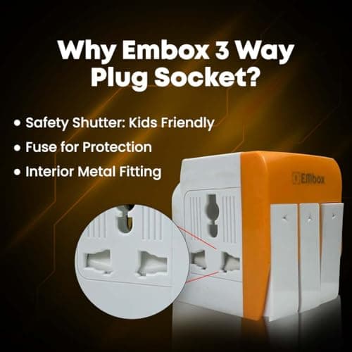 EMBOX 3 Pin Multi Plug Adapter with Individual Switch 3 Pin Plug Socket Safety Shutter Spike Buster Fuse Protected Adapter 3 Way Plug Extension for Home Office Travel-5A-250V, Pack of 1 Orange 6